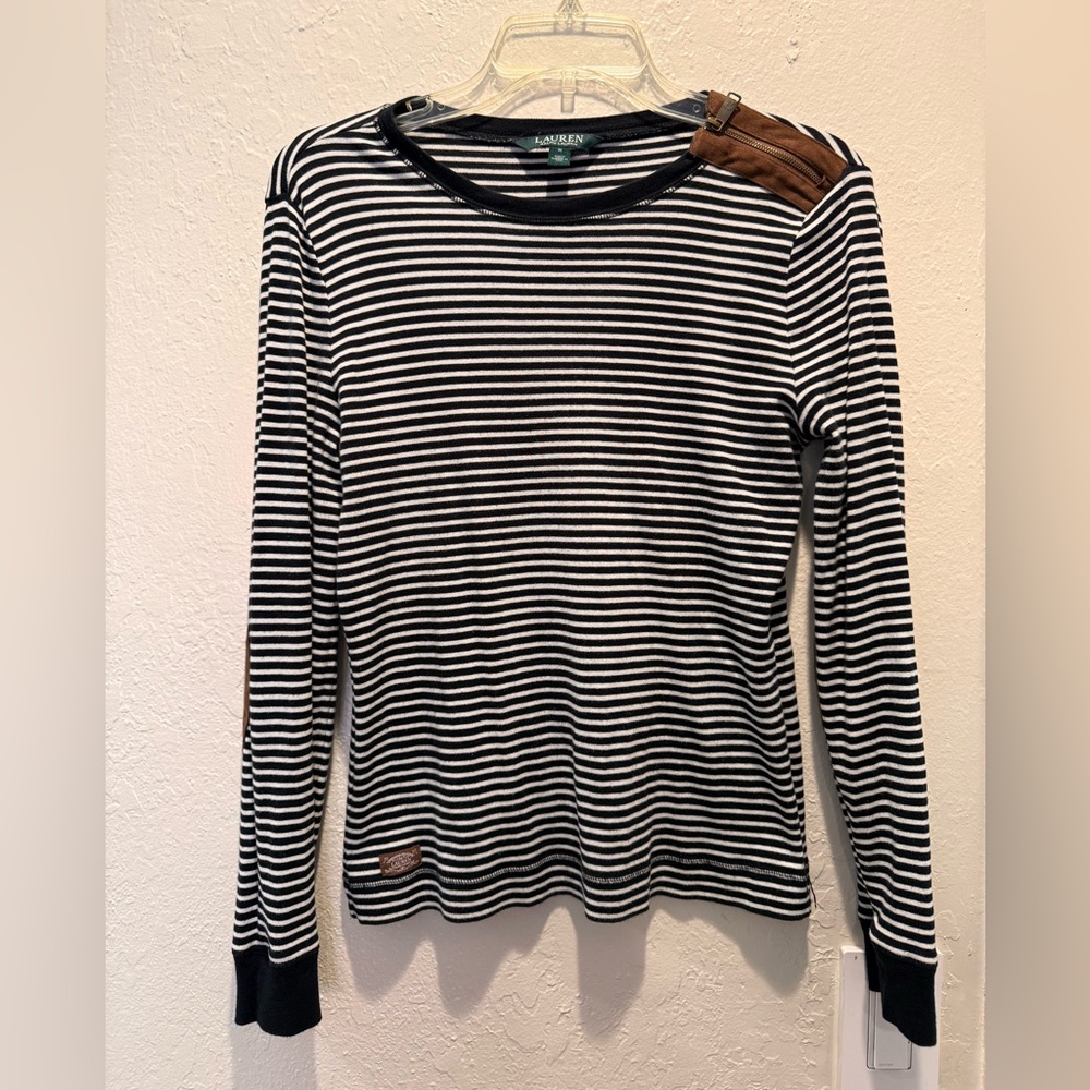 Ralph Lauren Black and White Striped Long Sleeve Top Elbow Patch Size M